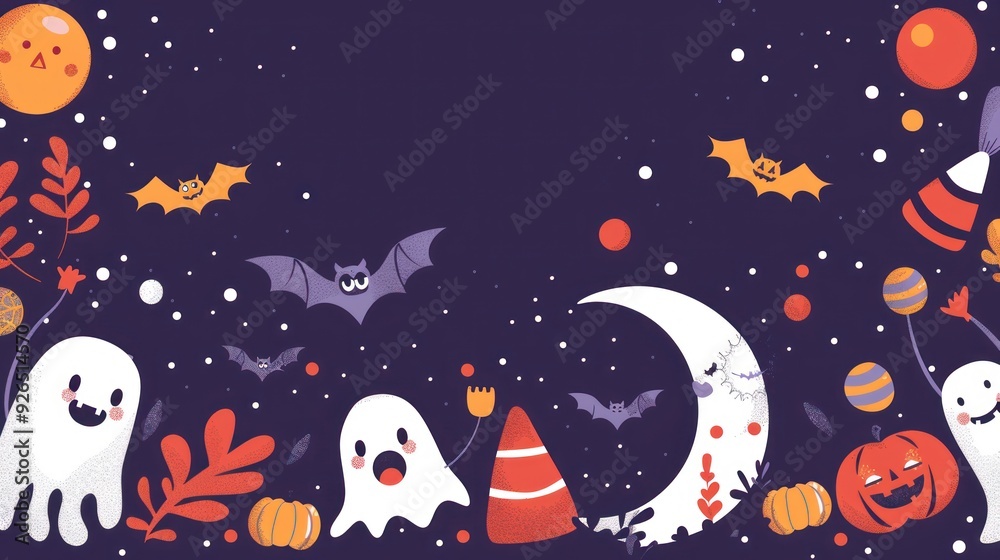 Naklejka premium A festive Halloween border with cute monsters, smiling moon, and fun Halloween treats.