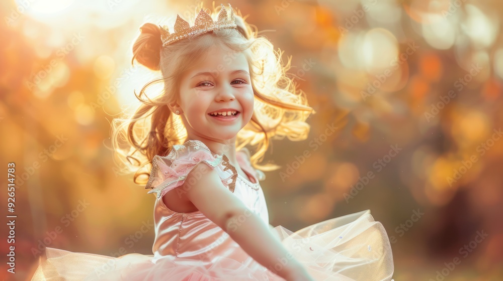 Fototapeta premium A child in a princess costume twirling with a joyful expression.