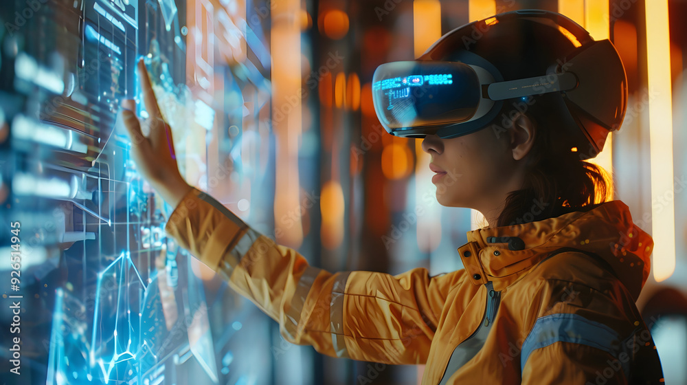 Futuristic Woman in VR Headset Interacting with Holographic Interface - Illustration Futuristic Woman in VR Headset Interacting with Holographic Interface - Illustration