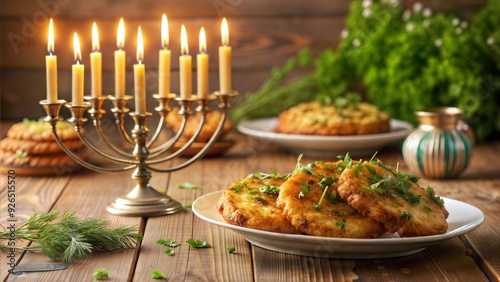 Hanukkah Latkes with Sour Cream and Applesauce on a Festive Table photo