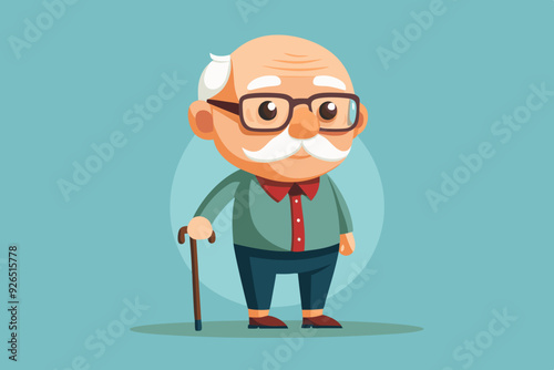 Grandfather wearing glasses. An elderly man with a cane in his hands. Vector illustration in cartoon style
