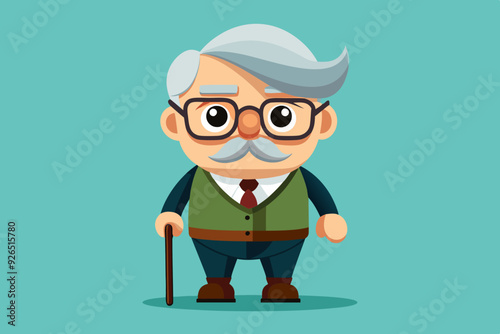 Grandfather wearing glasses. An elderly man with a cane in his hands. Vector illustration in cartoon style
