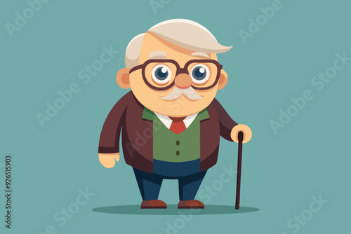 Grandfather wearing glasses. An elderly man with a cane in his hands. Vector illustration in cartoon style
