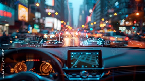 A self-driving car seamlessly navigating a futuristic city street, with sensor data and decision-making processes visualized through holographic displays. Created Using: photorealistic style,