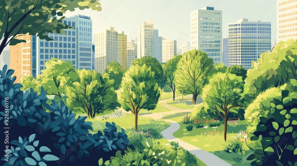 Fototapeta premium An illustrated green urban park with lush trees and vibrant plants surrounded by city buildings, showcasing urban sustainability