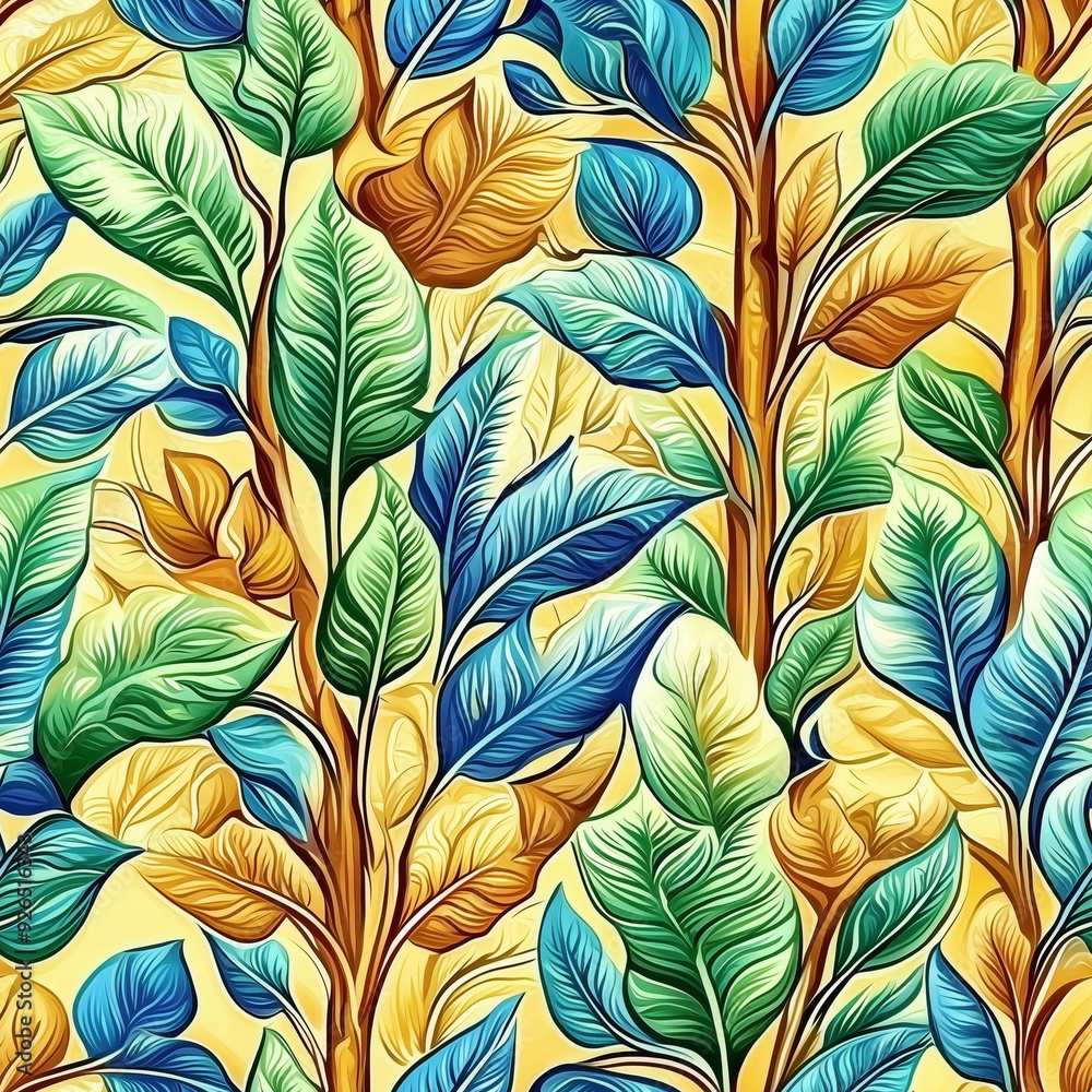 Seamless pattern Tropical Leaves with Blue and Green Gradient