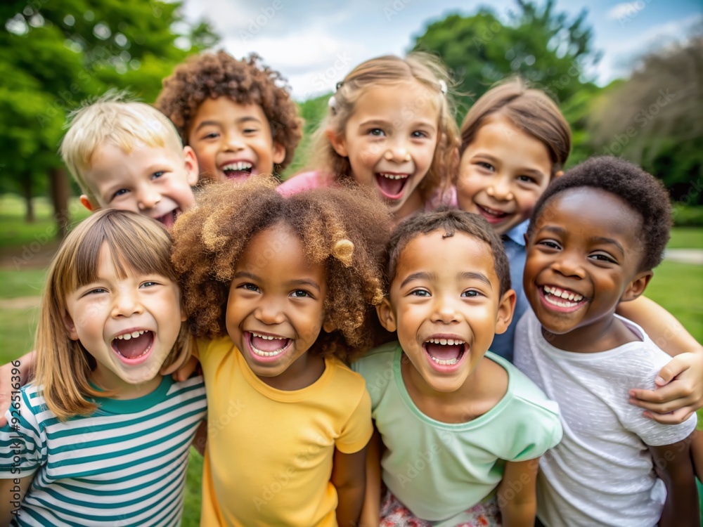 Diverse group of happy kids with different skin tones and hair textures beaming with excitement, forming a strong bond of friendship and togetherness outdoors. Diverse group of happy kids with different skin tones and hair textures beaming with excitement, forming a strong bond of friendship and togetherness outdoors.