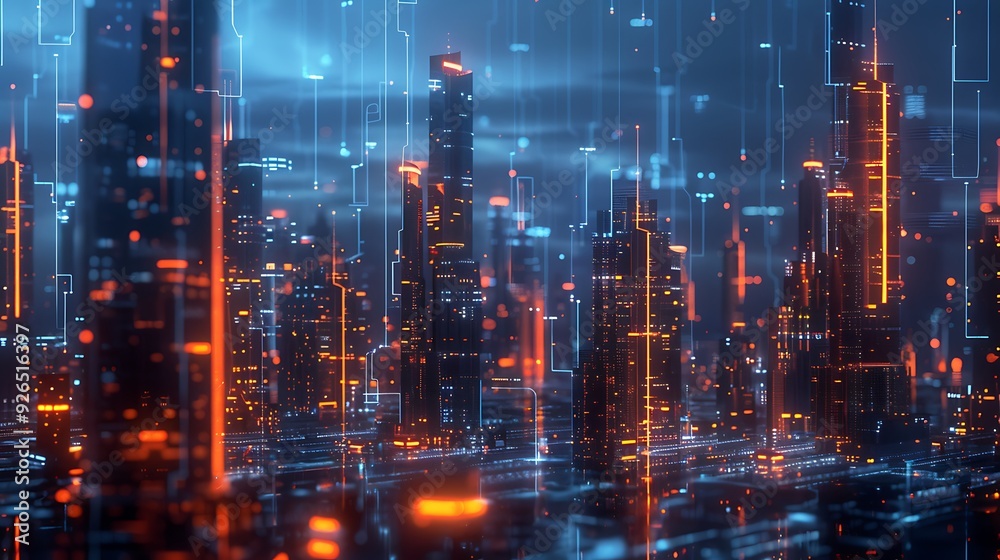 Obraz premium A smart city with interconnected systems managing traffic, energy, and security, depicted with glowing lines and nodes throughout the cityscape at night. Created Using: cybernetic urban design,