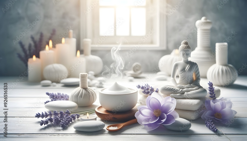 Serene Spa Ambiance: Super Realistic Photograph with White and Bisque Tones, Gentle Steam, and Meditative Atmosphere Serene Spa Ambiance: Super Realistic Photograph with White and Bisque Tones, Gentle Steam, and Meditative Atmosphere