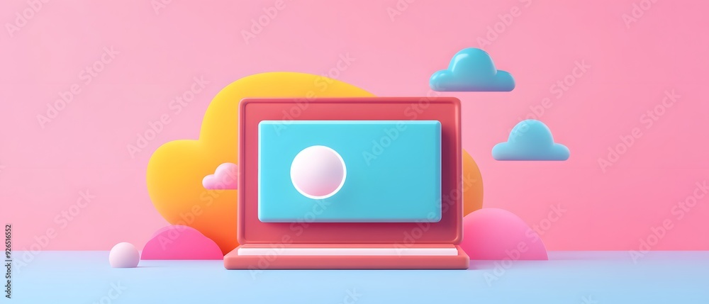 Fototapeta premium A 3D rendering of a blue screen computer with white clouds.