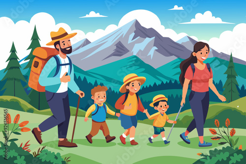 Happy family and hiking. Father, mother and children are traveling through the mountains. Trekking to nature 