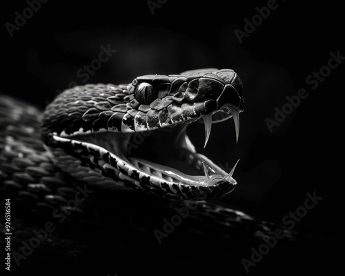 A Close-Up of a Venomous Snake's Fangs in Black and White A Monochromatic Portrait of Danger and Beauty