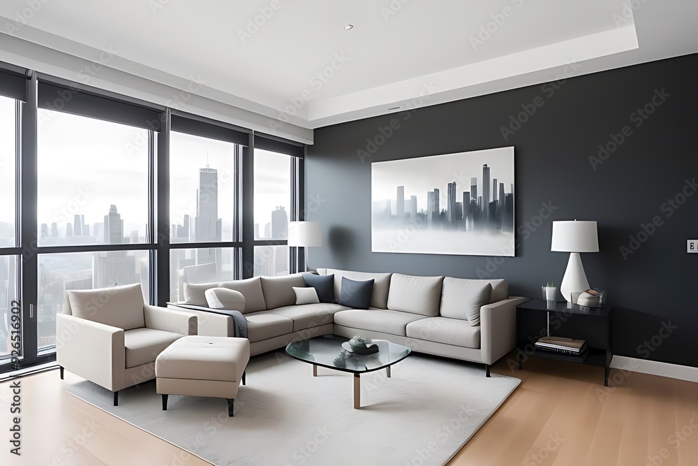 A contemporary living room featuring large windows that offer a stunning view of the city skyline. A contemporary living room featuring large windows that offer a stunning view of the city skyline.