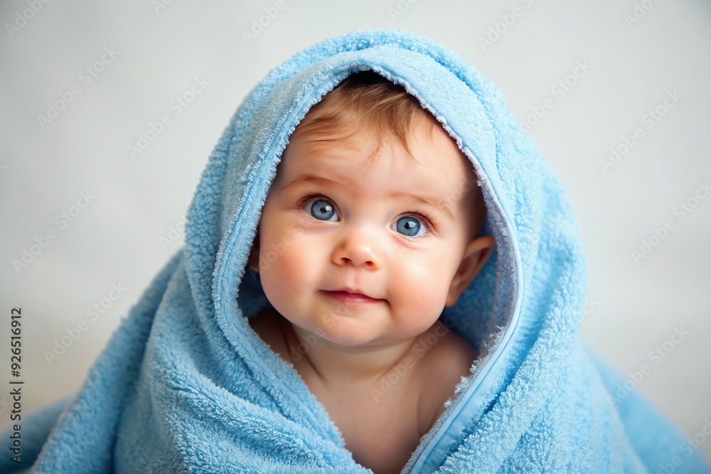 Fresh from bath time, a tiny tot snuggles up warmly in a soft blue towel, emitting an irresistible aura of innocence and cuddly charm. Fresh from bath time, a tiny tot snuggles up warmly in a soft blue towel, emitting an irresistible aura of innocence and cuddly charm.