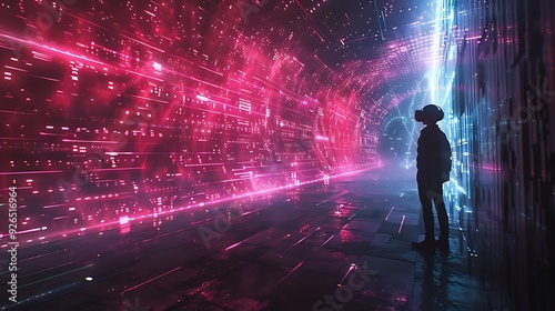 A virtual reality concert enhanced by AI, with users experiencing an immersive live performance with dynamic holographic effects and interactive elements. Created Using: advanced VR technology,