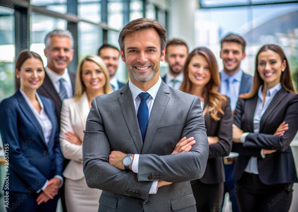 Confident business leader in a formal suit smiles, exuding vision and success, amidst a diverse team of collaborators in a modern corporate office setting. Confident business leader in a formal suit smiles, exuding vision and success, amidst a diverse team of collaborators in a modern corporate office setting.