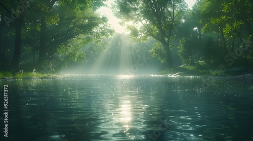 Sacred moment of baptism with heavenly light shining down on John and Jesus, creating a halo effect, clear and calm river, lush forest backdrop, highly detailed and realistic, early morning mist,