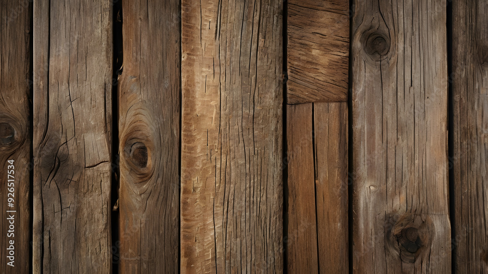 Naklejka premium Rustic Wooden Planks: A close-up texture of weathered, aged wooden planks, showcasing the natural beauty and rustic charm of wood. Perfect for creating a vintage, farmhouse, or industrial aesthetic. 