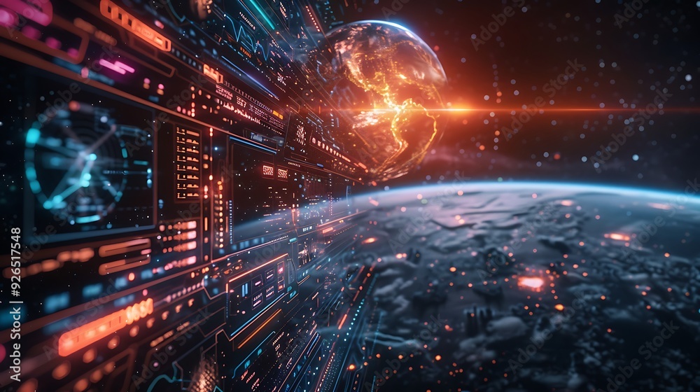 AI analyzing data from a satellite orbiting a distant planet, with detailed holographic data visualizations and a futuristic control room backdrop. Created Using: advanced space technology, AI analyzing data from a satellite orbiting a distant planet, with detailed holographic data visualizations and a futuristic control room backdrop. Created Using: advanced space technology,