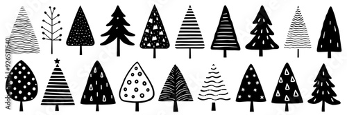 Black and white stylized vector Christmas trees on white background