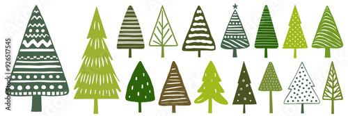 Various stylized Christmas trees with unique patterns on a white background