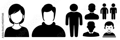 Silhouettes of different icons people and figures in black on white background