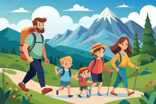 Happy family and hiking. Father, mother and children are traveling through the mountains. Trekking to nature
