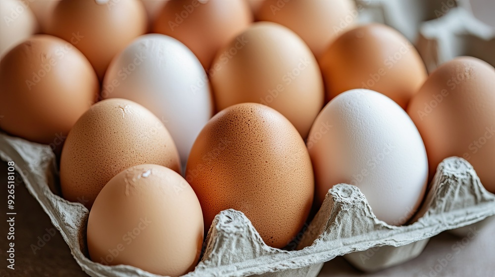 A close-up of a dozen fresh eggs in a carton, with a mix of brown and white shells, showcasing their farm-fresh quality and organic appeal. A close-up of a dozen fresh eggs in a carton, with a mix of brown and white shells, showcasing their farm-fresh quality and organic appeal.