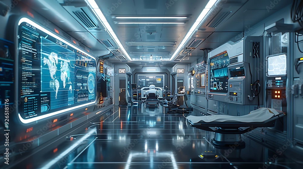 AI assisting doctors with real-time analysis of patient data, featuring holographic screens and advanced medical tools in a high-tech hospital. Created Using: realistic rendering, AI assisting doctors with real-time analysis of patient data, featuring holographic screens and advanced medical tools in a high-tech hospital. Created Using: realistic rendering,