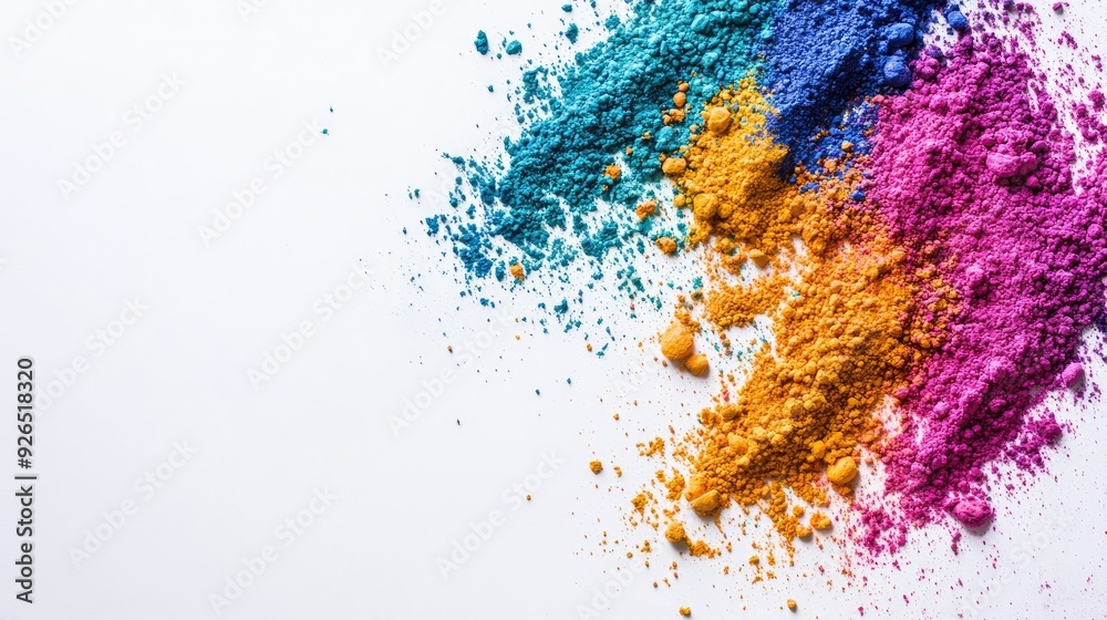 Top view of colorful Holi powders scattered on a white surface, creating a vibrant background with space for festive text Top view of colorful Holi powders scattered on a white surface, creating a vibrant background with space for festive text