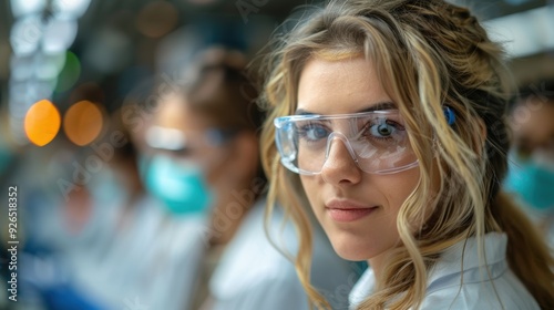 Young woman in laboratory environment wearing safety goggles and a mask, focused on her work during a research activity