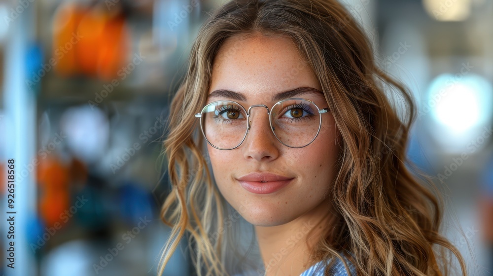 A young woman with glasses smiles warmly in a bright, modern workshop during the afternoon A young woman with glasses smiles warmly in a bright, modern workshop during the afternoon