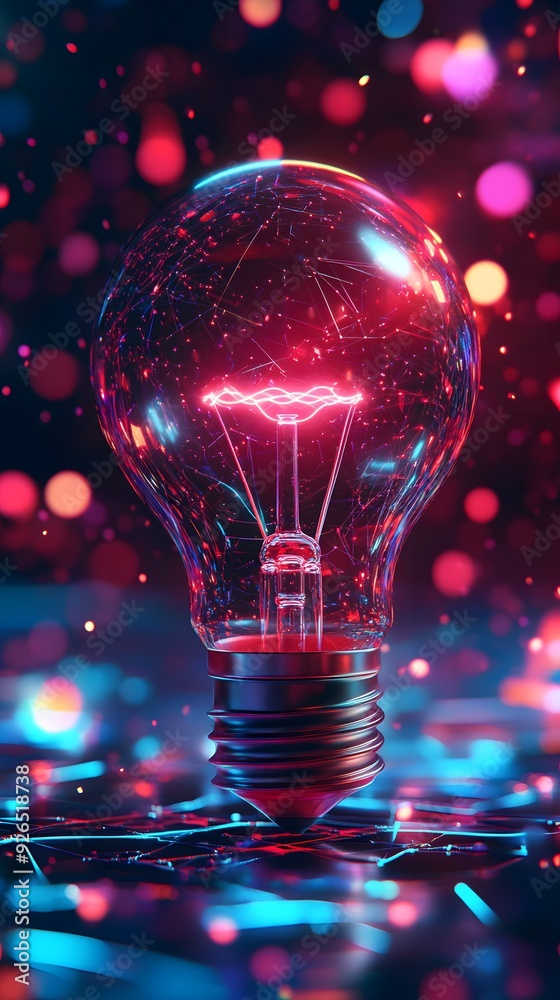 A glowing light bulb with a vibrant pink filament, surrounded by colorful bokeh lights. A glowing light bulb with a vibrant pink filament, surrounded by colorful bokeh lights.