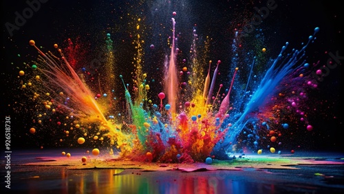 Vibrant colorful paints splattered artfully across a black background, illuminated by a single strobe light, creating a mesmerizing abstract high-contrast visual effect. photo