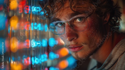 Young man with glasses looks intently at colorful display of numbers at nighttime in a tech-inspired environment