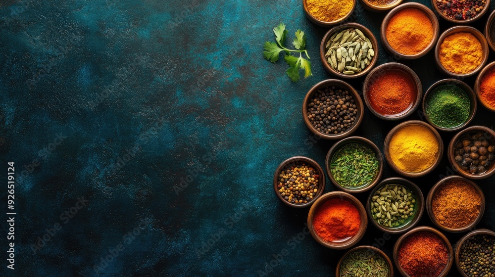 Top view of Indian spices arranged in small bowls, forming a colorful pattern on a dark background, with space for culinary or festive text Top view of Indian spices arranged in small bowls, forming a colorful pattern on a dark background, with space for culinary or festive text