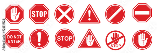 Set stop red sign icon with white hand, do not enter. Warning stop sign stock vector