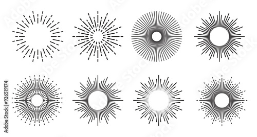 Vintage sunburst collection. Bursting sun rays. Fireworks. Logotype or lettering design element. Radial sunset beams. Vector illustration