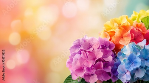 Multicolored hydrangea, gradient hues, copy space, colorful and lively, Double exposure silhouette with rainbow