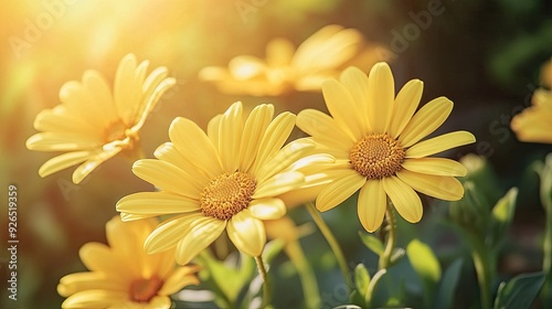 A close-up of vibrant yellow daisies basking under the midday sun, petals radiating warmth and cheerfulness. photo