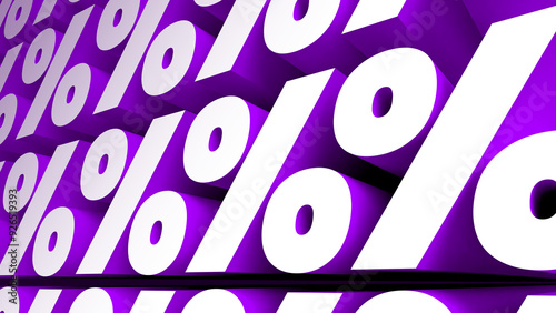 Percent 3d sign on purple background. Perpective embossed white mark wall