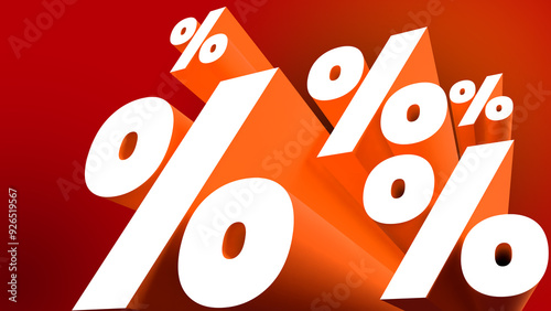 Percent 3d sigs on red background. Perpective embossed white marks. Copy space template.