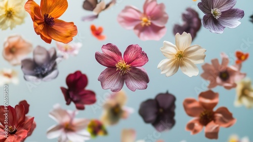 A collection of artificial flowers floating gracefully in the air, their vibrant colors and delicate petals creating a surreal, dreamlike effect. photo