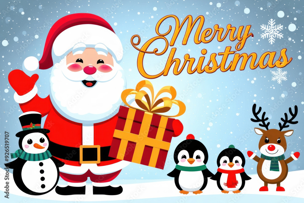 Merry Christmas and happy new year greeting card with cute Santa Claus, snowman, xmas tree, penguins and deer. Holiday cartoon character in winter season. AI