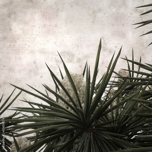 textured stylish old paper background, square, with flowering Yucca gigantea photo