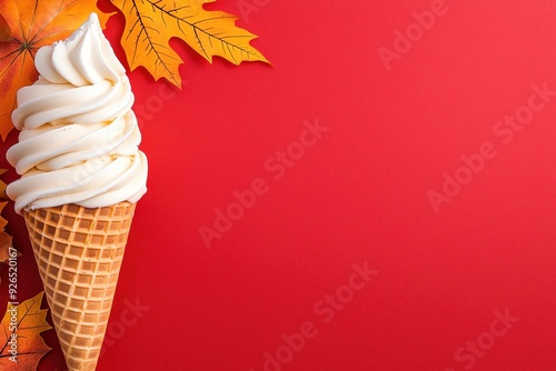 Pumpkinflavored ice cream cone, autumn background, flat design illustration photo