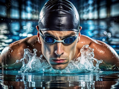 Dripping wet goggles reflect ripples on the pool's surface as a focused athlete's face emerges from the water, muscles tense with competitive intensity.