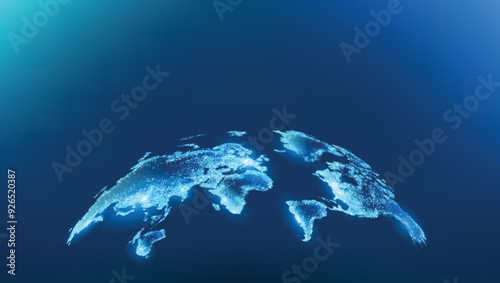 Map of the planet. Rays of energy. World map. Global social network. Future. Vector. Blue futuristic background with planet Earth. Internet and technology. Floating blue plexus geometric background