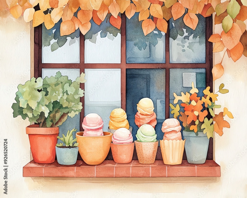 Watercolor painting of a charming autumn cafe window, featuring an assortment of seasonal ice cream, blending fall colors and cozy textures