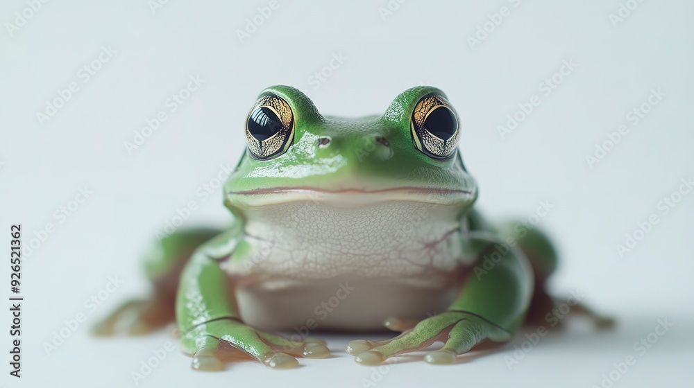 Obraz premium Green frog facing the camera against a white background. 